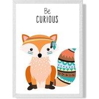 ARTZE Be Curious Fox Tribal Animal Quote Framed Print SIZE: A4 with White Frame in Orange