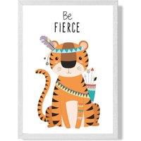 ARTZE Be Fierce Tiger Tribal Animal Quote Framed Print SIZE: A3 with White Frame in Orange | Size: A4