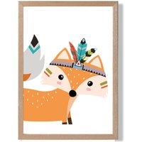 ARTZE Peeking Orange Fox Tribal Animal Framed Print SIZE: A4 with Oak Frame