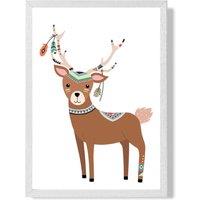 ARTZE Deer Tribal Animal Framed Print SIZE: A3 with White Frame in Brown