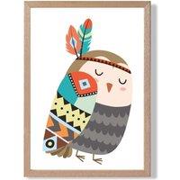 ARTZE Owl Tribal Animal Framed Print SIZE: A4 with Oak Frame in Grey | Size: A3