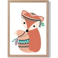 ARTZE Fox Tribal Animal Framed Print SIZE: A2 with Oak Frame in Orange | Size: A4