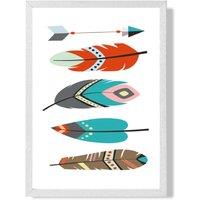ARTZE Tribal Feathers Framed Print SIZE: A4 with White Frame in Bright Blue