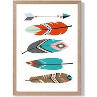 ARTZE Tribal Feathers Framed Print SIZE: A3 with Oak Frame in Bright Blue