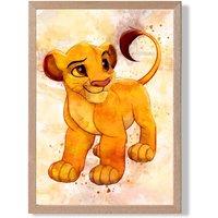 ARTZE Simba Cub Watercolour Lion King Framed Print SIZE: A3 with Oak Frame in Yellow