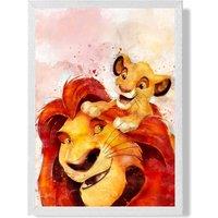 ARTZE Mufasa & Simba Watercolour Lion King Framed Print SIZE: A4 with White Frame in Red
