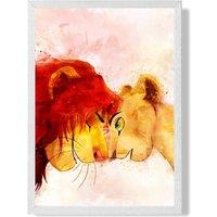 ARTZE Simba & Nala Watercolour Lion King Framed Print SIZE: A2 with White Frame in Red | Size: A3
