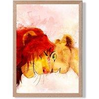 ARTZE Simba & Nala Watercolour Lion King Framed Print SIZE: A4 with Oak Frame in Red | Size: A3