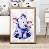 ARTZE Heffalump Watercolour Winnie the Pooh Art Print with Oak Frame SIZE: A3 in Purple