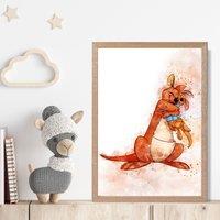 ARTZE Kanga & Roo Watercolour Winnie the Pooh Art Print with Oak Frame SIZE: A4 in Burnt Orange
