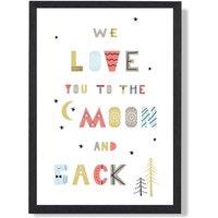 ARTZE Cute Love you to the Moon Scandi Quote Framed Print SIZE: A2 with Black Frame in Pale Blue | Size: A3