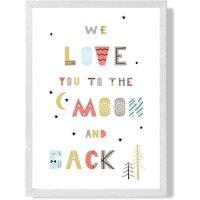 ARTZE Cute Love you to the Moon Scandi Quote Framed Print SIZE: A4 with White Frame in Pale Blue | Size: A3