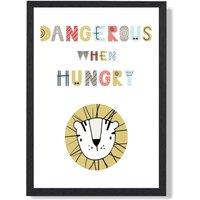 ARTZE Cute Dangerous When Hungry Lion Scandi Quote Framed Print SIZE: A4 with Black Frame in Pale Blue