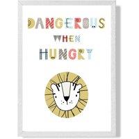 ARTZE Cute Dangerous When Hungry Lion Scandi Quote Framed Print SIZE: A4 with White Frame in Pale Blue | Size: A3