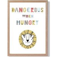 ARTZE Cute Dangerous When Hungry Lion Scandi Quote Framed Print SIZE: A3 with Oak Frame in Pale Blue