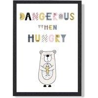 ARTZE Cute Dangerous When Hungry Bear Scandi Quote Framed Print SIZE: A2 with Black Frame in Pink | Size: A4