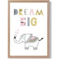 ARTZE Cute Dream Big Elephant Scandi Quote Framed Print SIZE: A3 with Oak Frame in Pink