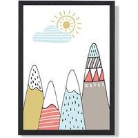 ARTZE Cute Scandi Mountains Framed Print SIZE: A2 with Black Frame in Pale Blue | Size: A4