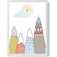 ARTZE Cute Scandi Mountains Framed Print SIZE: A2 with White Frame in Pale Blue | Size: A3