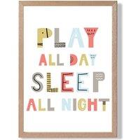 ARTZE Cute Play All Day Scandi Quote Framed Print SIZE: A3 with Oak Frame in Pale Blue
