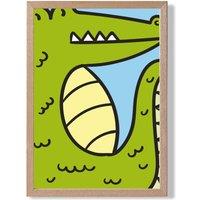 ARTZE Cute Cartoon Style Crocodile Framed Print SIZE: A4 with Oak Frame in Bright Green | Size: A3