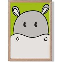 ARTZE Cute Cartoon Style Hippo Face Framed Print SIZE: A2 with Oak Frame in Grey | Size: A3