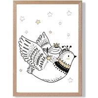 ARTZE Scandi Princess Little & Flying Bird Framed Print SIZE: A2 with Oak Frame in Black | Size: A3