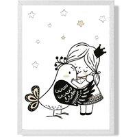 ARTZE Scandi Princess Lttle Hugging Bird Framed Print SIZE: A3 with White Frame in Black