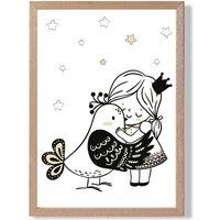 ARTZE Scandi Princess Lttle Hugging Bird Framed Print SIZE: A3 with Oak Frame in Black