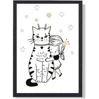 ARTZE Scandi Princess Little Hugging Cat Framed Print SIZE: A4 with Black Frame