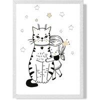 ARTZE Scandi Princess Little Hugging Cat Framed Print SIZE: A2 with White Frame in Black | Size: A3