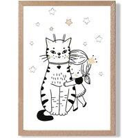 ARTZE Scandi Princess Little Hugging Cat Framed Print SIZE: A4 with Oak Frame in Black | Size: A3