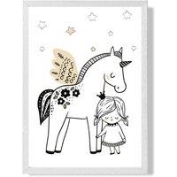 ARTZE Scandi Princess Little & Pegasus Framed Print SIZE: A3 with White Frame in Black | Size: A4