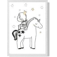 ARTZE Scandi Princess Little Sitting on Unicorn Framed Print SIZE: A3 with White Frame in Black | Size: A4