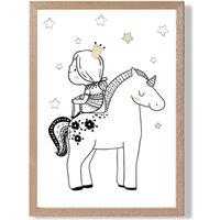 ARTZE Scandi Princess Little Sitting on Unicorn Framed Print SIZE: A3 with Oak Frame in Black | Size: A4