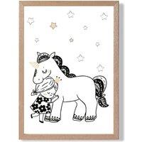 ARTZE Scandi Princess Little Hugging Unicorn Framed Print SIZE: A4 with Oak Frame in Black | Size: A3