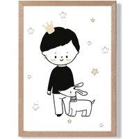 ARTZE Scandi Prince Little Boy with Dog Framed Print SIZE: A4 with Oak Frame in Black
