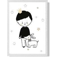 ARTZE Scandi Prince Little Boy with Dog Framed Print SIZE: A2 with White Frame in Black | Size: A3