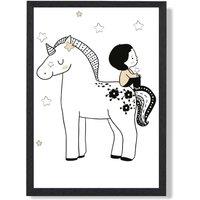 ARTZE Scandi Prince Little Boy Sitting on a Unicorn Framed Print SIZE: A2 with Black Frame | Size: A4