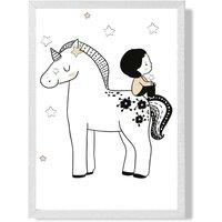 ARTZE Scandi Prince Little Boy Sitting on a Unicorn Framed Print SIZE: A4 with White Frame in Black