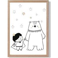 ARTZE Scandi Prince Little Boy with Bear Framed Print SIZE: A3 with Oak Frame in Black