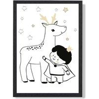 ARTZE Scandi Prince Little Boy with Reindeer Framed Print SIZE: A4 with Black Frame | Size: A3