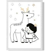 ARTZE Scandi Prince Little Boy with Reindeer Framed Print SIZE: A3 with White Frame in Black