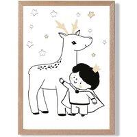 ARTZE Scandi Prince Little Boy with Reindeer Framed Print SIZE: A4 with Oak Frame in Black | Size: A3