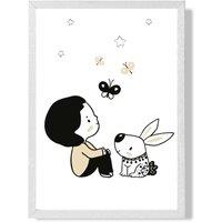 ARTZE Scandi Prince Little Boy with Rabbit Framed Print SIZE: A4 with White Frame in Black