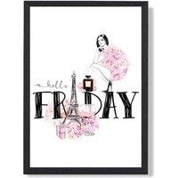 ARTZE Hello Friday Fashion Illustration Quote Framed Print SIZE: A4 with Black Frame in Pink