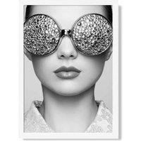 ARTZE Girl with Silver Bling Sunglasses Fashion Black & White Photo Framed Print SIZE: A2 with White Frame | Size: A4