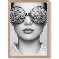 ARTZE Girl with Silver Bling Sunglasses Fashion Black & White Photo Framed Print SIZE: A3 with Oak Frame
