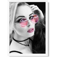ARTZE Girl with Pink Sunglasses Fashion Black & White Photo Framed Print SIZE: A4 with White Frame