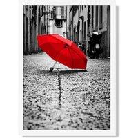 ARTZE Red Umbrella in Paris Street Fashion Photo Framed Print SIZE: A2 with White Frame in Black | Size: A3